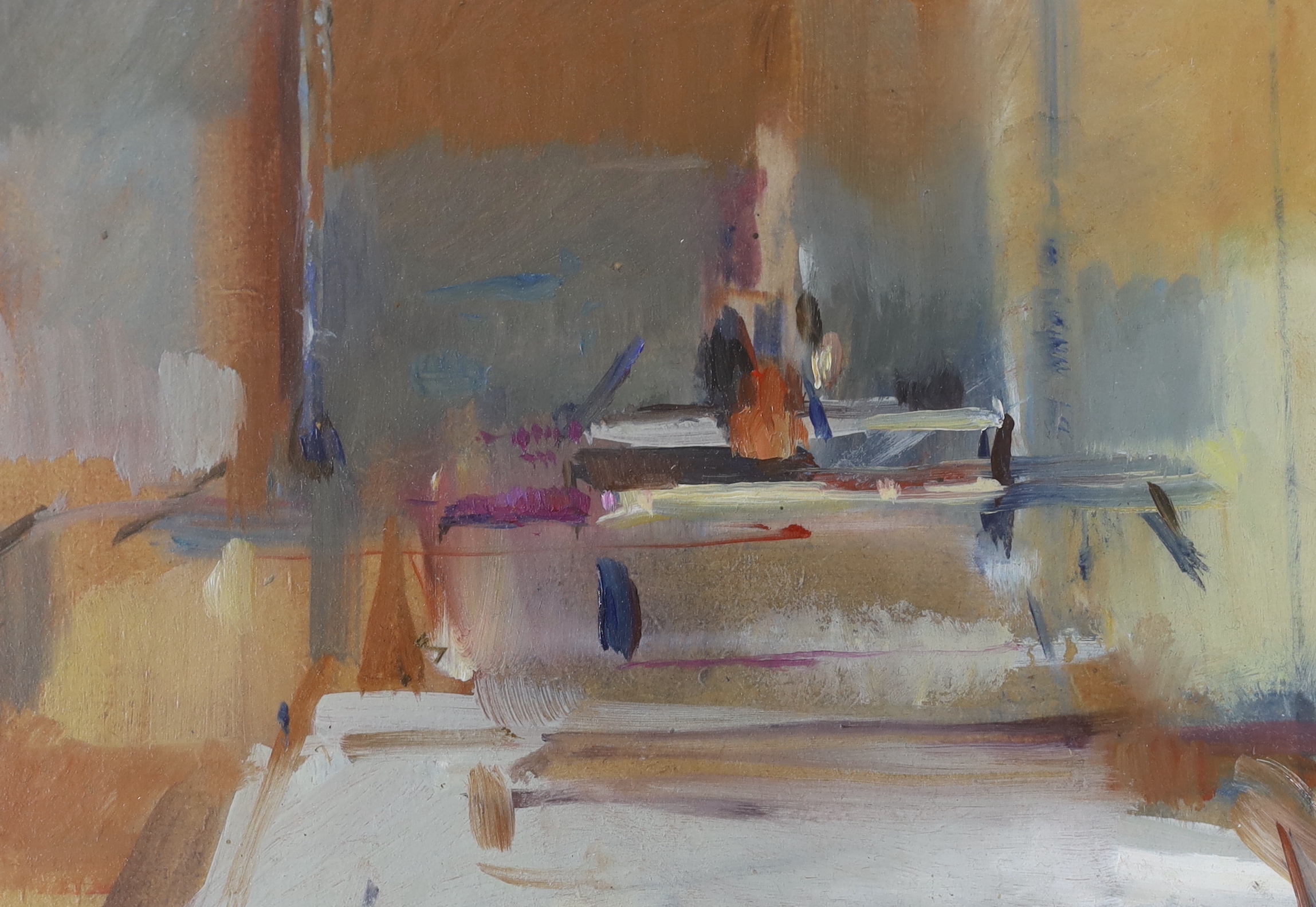 Charlotte Snook, contemporary abstract oil on board, 'Red jug, studio of Verrochio', signed verso, 21 x 15cm